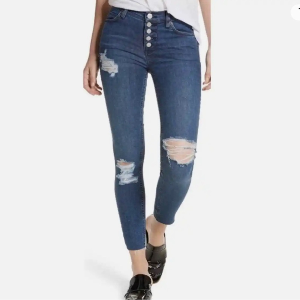 Free PeopleWomen’s Distressed Button Fly Raw Hem Denim Skinny Jeans, size 30